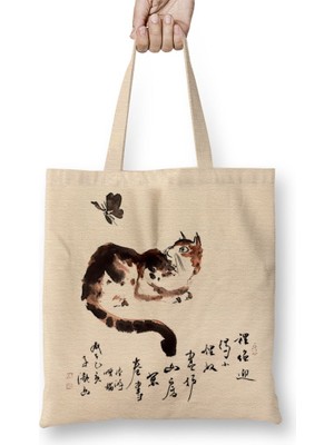 Baskı Dükkanı Cat Butterfly Kedi Bez Çanta Uzun Saplı
