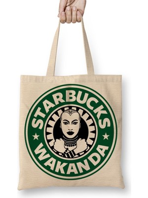 Baskı Dükkanı Starbucks Wakanda Bez Çanta Uzun Saplı