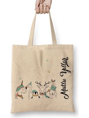 Baskı Dükkanı Sevimli Hayvanlar ile Mutlu Yıllar Bez Çanta Uzun Saplı