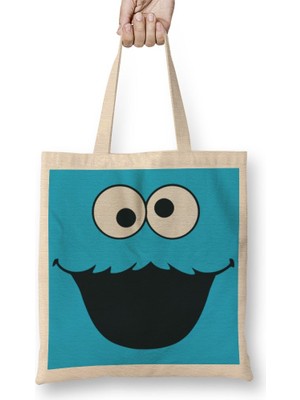Baskı Dükkanı Cookie Monster Kurabiye Canavarı Bez Çanta Uzun Saplı