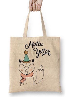 Baskı Dükkanı Sevimli Tilki Ile Mutlu Yıllar Bez Çanta Uzun Saplı