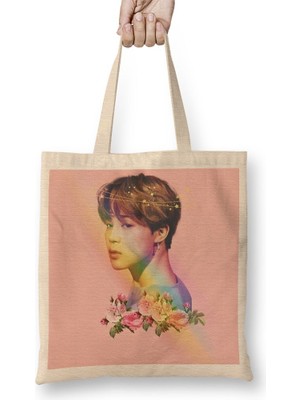 Baskı Dükkanı Bts Jimin Çiçekli Bez Çanta Uzun Saplı