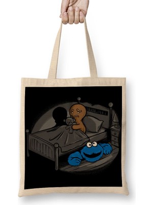 Baskı Dükkanı Cookie Monster Kurabiye Canavarı Öcü Korku Bez Çanta Uzun Saplı