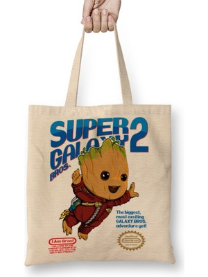 Baskı Dükkanı Baby Groot Super Galaxy Bros Bez Çanta Uzun Saplı