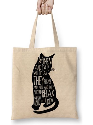 Baskı Dükkanı Kedi Cats Bez Çanta Uzun Saplı