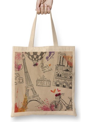Baskı Dükkanı Paris Eyfel Kulesi Uçan Balon Bez Çanta Uzun Saplı