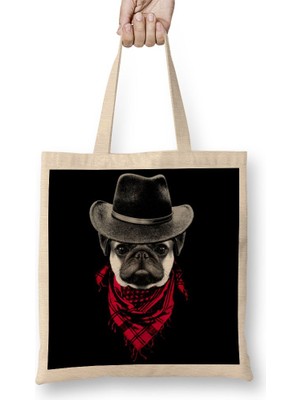 Baskı Dükkanı Kovboy Pug Köpek Bez Çanta Uzun Saplı