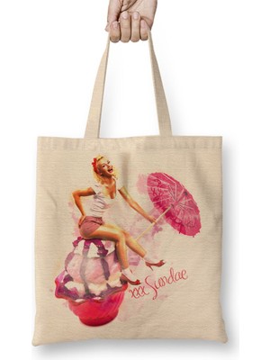 Baskı Dükkanı Ice Cream Umbrella Pinup Bow Bez Çanta Uzun Saplı