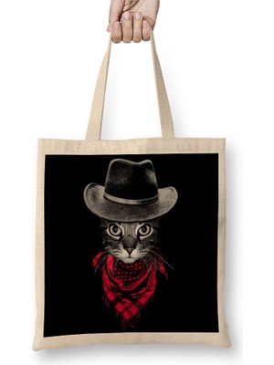 Baskı Dükkanı Kovboy Cat Kedi Bez Çanta Uzun Saplı