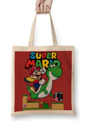 Baskı Dükkanı Süper Mario E Yoshi Bez Çanta Uzun Saplı