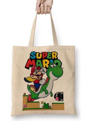 Baskı Dükkanı Süper Mario E Yoshi Bez Çanta Uzun Saplı