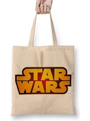 Baskı Dükkanı Star Wars Logo Beyaz Zemin Bez Çanta Uzun Saplı