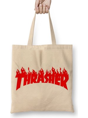 Baskı Dükkanı Thrasher Kırmızı Logo Bez Çanta Uzun Saplı
