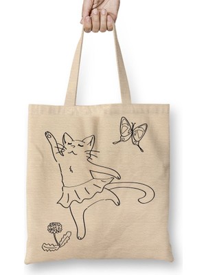 Baskı Dükkanı Cat Kedi Balarin Bez Çanta Uzun Saplı