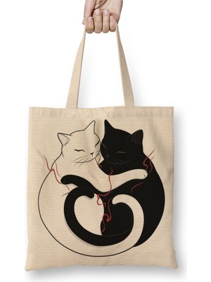 Baskı Dükkanı Aşk Kediler Blazing Cat Love Bez Çanta Uzun Saplı