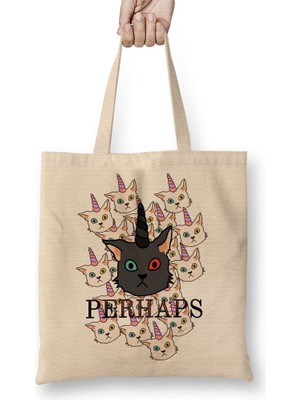 Baskı Dükkanı Unicorn Cat Kedi Bez Çanta Uzun Saplı