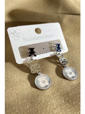 Stainless Steel Tasarım 2'li Figürlü Uzun Çelik Kaplama Küpe Gümüş SBT0770