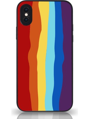 Kılıfmania Apple iPhone x Kapak Kamera Korumalı Cam Kılıf - Siyah Gökkuşağı Desenli