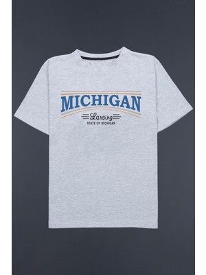 Trendypassion Gri Oversize Michigan Lansing Tasarım Tshirt