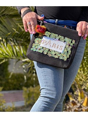 Gönülden Tasarım Paris Pul Payetli Tasarım Ponponlu Günlük Portföy Clutch El Çantası