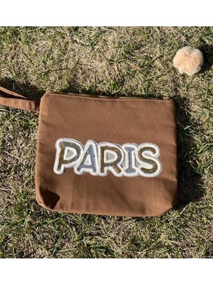 Gönülden Tasarım Paris Aplikeli Tasarım Kahverengi El,portföy Clutch Çanta