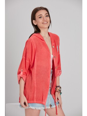 Miss Kaftan Collection Kadın Mercan Kapüşonlu Keten Pamuk Gömlek