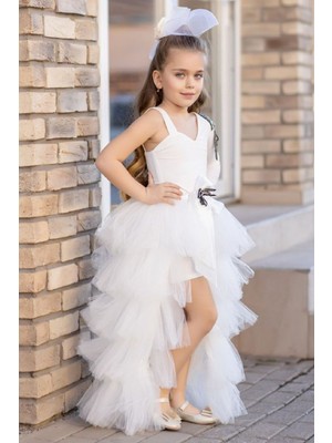 Riccotarz Kız Çocuk Tek Omuz ve Omzu Boncuk Püsküllü Kuyruklu Beyaz Elbise