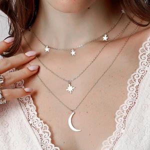 X-lady Accessories Gümüş Renk Kutup Yıldızı ve Hilal Figürlü Çok Katmanlı Kombin Kolye 960