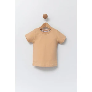 Çocuk Bej Bisiklet Yaka Basic T-Shirt %100 Pamuk