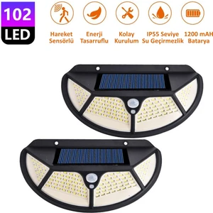 2 Adet Solar 102 Ledli Oval 3 Modlu Güneş Enerjili Bahçe Aydınlatması Lamba Hareket Sensörlü