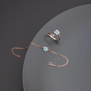 Miavi Silver 925 Ayar Gümüş Turkuaz Taşlı Yonca Bileklik Yüzük Set