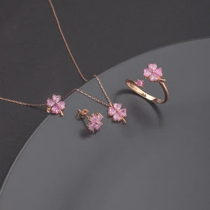 Miavi Silver 925 Ayar Gümüş Pembe Taşlı Yonca Küpe Kolye Yüzük Set