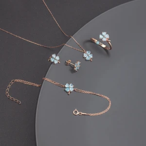 Miavi Silver 925 Ayar Gümüş Turkuaz Taşlı Yonca Takı Seti