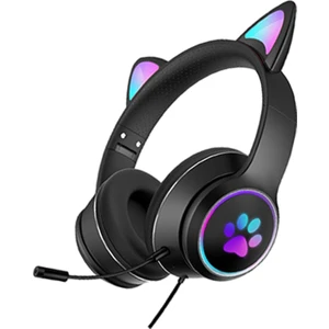 Kedi Kulağı Kablolu Aşırı Kulak Kulaklık Katlanabilir Surround Ses Rgb Işık Telefonlar Için Siyah (Yurt Dışından)