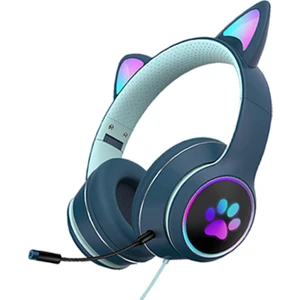Kedi Kulak Kablolu Aşırı Kulak Kulaklık Katlanabilir Surround Ses Rgb Işık Telefonlar Için Koyu Mavi (Yurt Dışından)