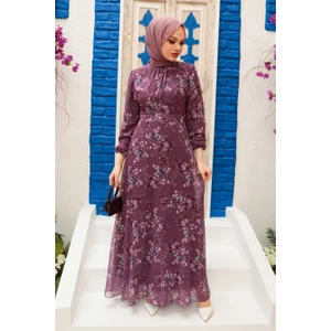 Neva Style - Çiçek Desenli Koyu Gül Kurusu Tesettür Elbise 279061KGK