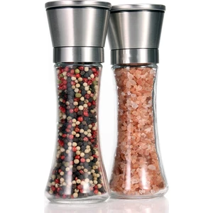 Three Beans 2pc Fırçalı Paslanmaz Çelik Biber Değirmeni ve Tuz Değirmeni, Cam Uzun Boylu Gövde, Ayarlanabilir Seramik Rotor | Biber Değirmeni ve Tuz | Tuz Millsalt ve Biber Değirmeni (Yurt Dışından)