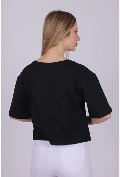 Giysa Kadın Gözlüklü Köpek Baskılı Siyah Tshirt