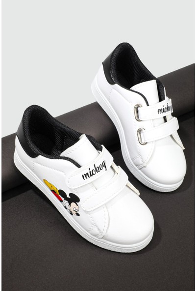 Beınsteps Resim Baskılı Cırtlı Beyaz Siyah Çocuk Spor Ayakkabı Resimli