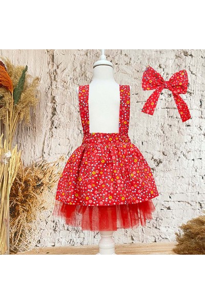 Shecco Babba Kız Çocuk Elbise Bandana Takım Kırmızı Çiçekli 1-8 Yaş