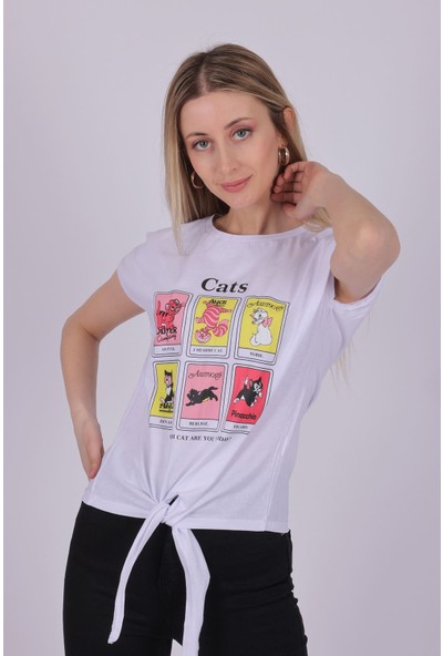 Giysa Kadın Önü Bağlamalı Kedi Baskılı Beyaz Tshirt