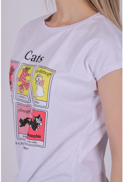 Giysa Kadın Önü Bağlamalı Kedi Baskılı Beyaz Tshirt