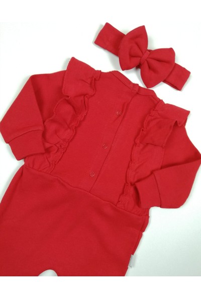 Mini Cayzen Kız Bebek Fiyonk Detaylı Ahşap Düğmeli Bandanalı Tulum Kırmızı