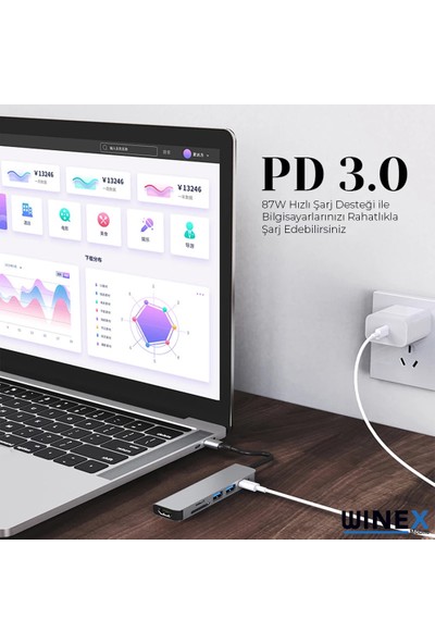 Winex 8in1 USB Type-C Hub Port Adaptör HDMI USB Ethernet Pd Girişli
