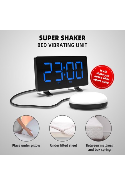 Büyük LED Çalar Saatler Çift USB Vibratör Masa Saati Ev Yatak Odası Için Sağır Siyah Mavi
