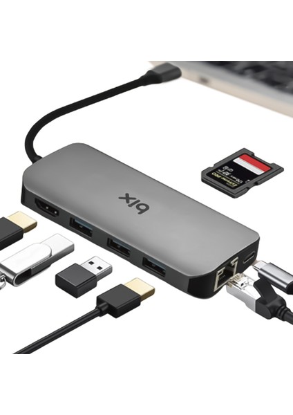 BX10HB Type-C to 4K HDMI 3*USB-A Gigabit Ethernet PD 100W SD ve Micro SD Kart Okuyucu Çoklayıcı Hub