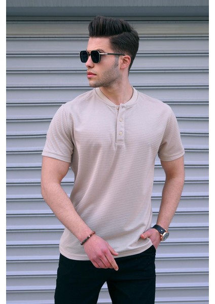 Bej Düğmeli Triko Erkek Tişört