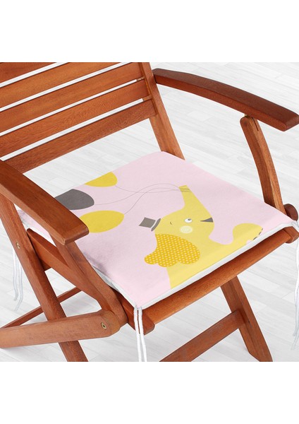 Pembe Zeminde Uçan Balonlar ve Fil Desenli Çocuk Odası Fermuarlı Sandalye Minderi - 40 x 40 cm