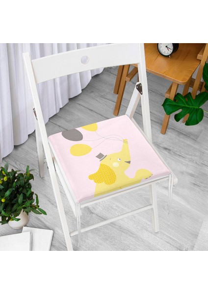 Pembe Zeminde Uçan Balonlar ve Fil Desenli Çocuk Odası Fermuarlı Sandalye Minderi - 40 x 40 cm