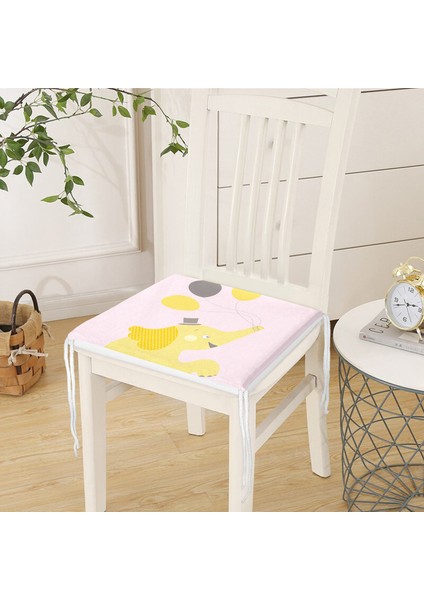 Pembe Zeminde Uçan Balonlar ve Fil Desenli Çocuk Odası Fermuarlı Sandalye Minderi - 40 x 40 cm